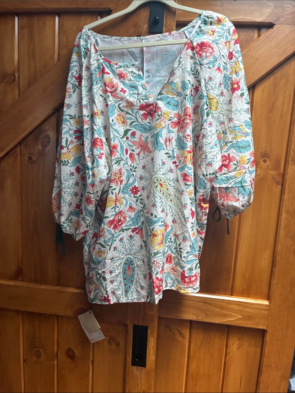 Floral V-Neck Women's Blouse in White with Multicolor Print